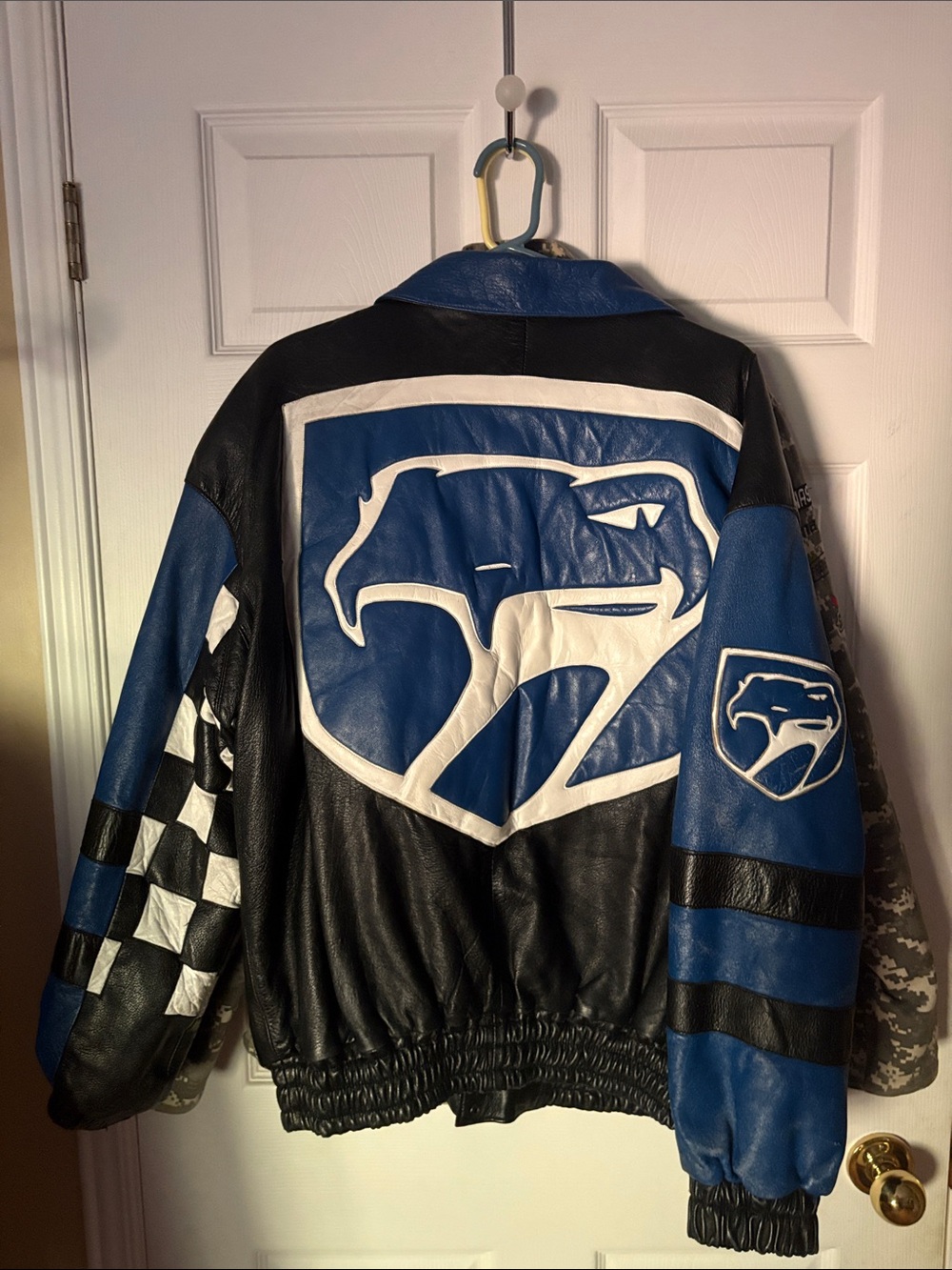 Blue and Black Men's Leather Jacket with Eagle Emblem